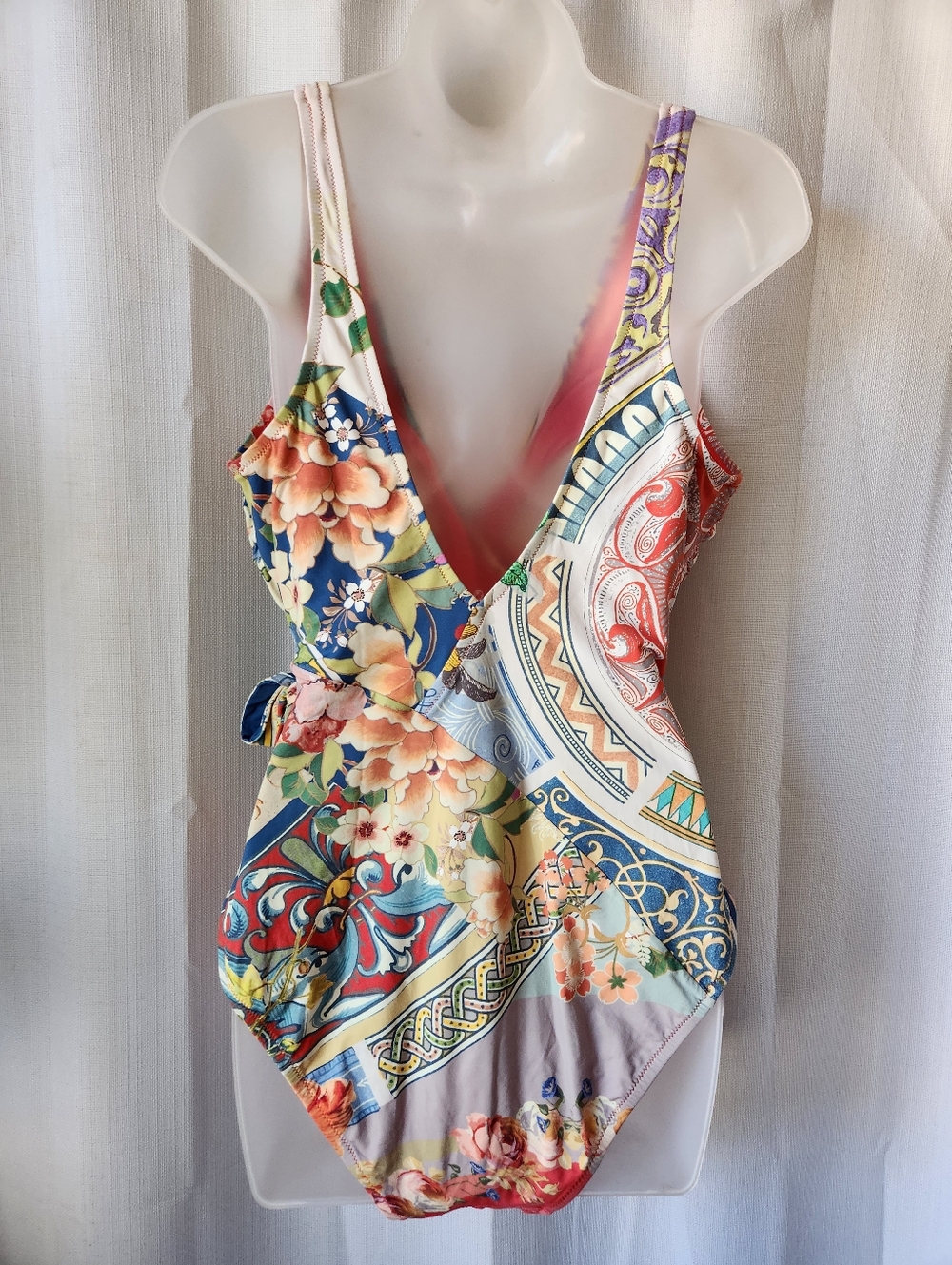 Johnny Was Women’s Boho Multicolor Floral Print Wrap One Piece Swimsuit Size XL - Picture 7 of 11